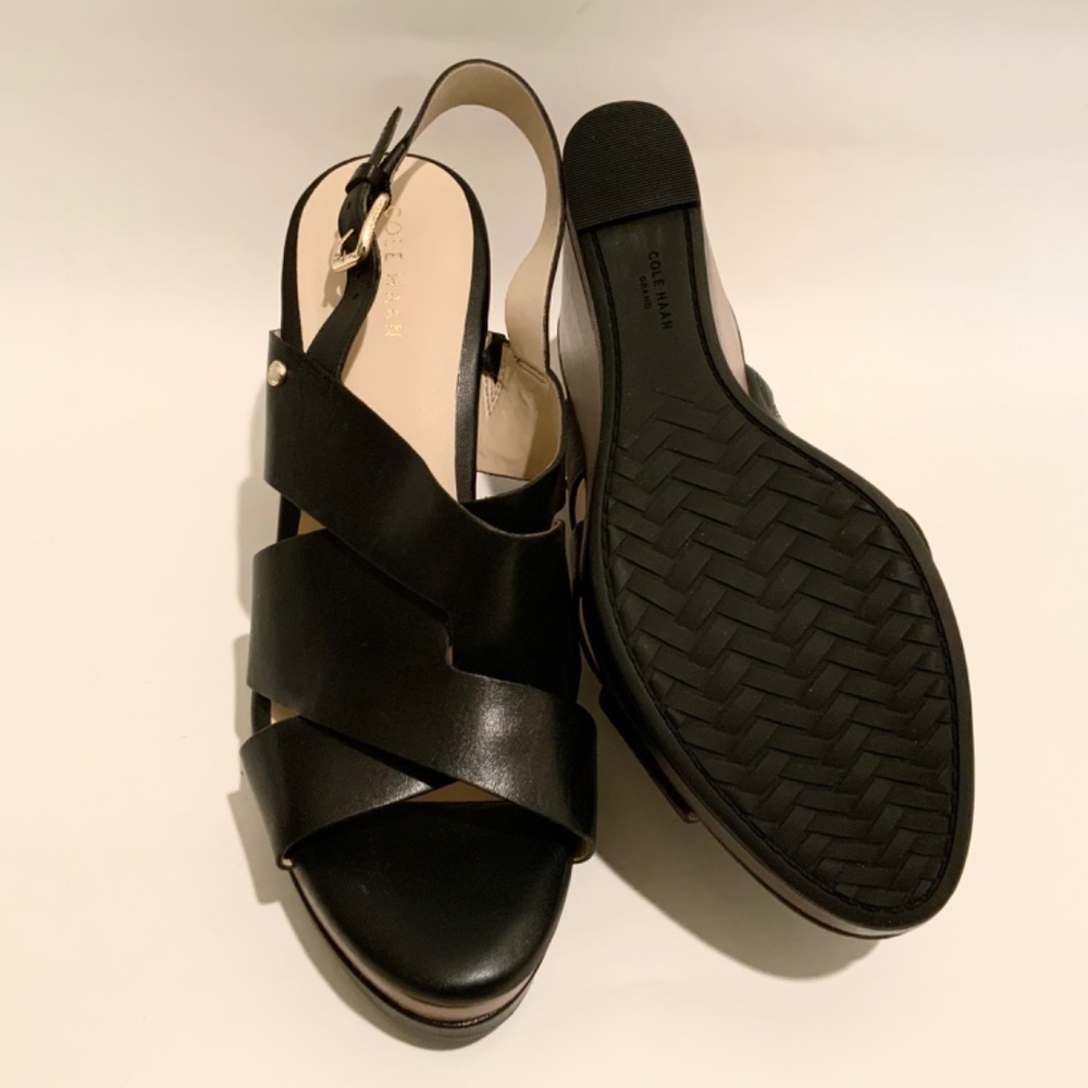 Cole Haan Womens Laci Black Platform Wedge Sandals Leather Slingback Heels 9.5 - Picture 8 of 13